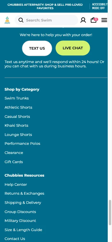 Mobile footer showing a Need Help block with separate Text and Live Chat buttons and their expected response times
