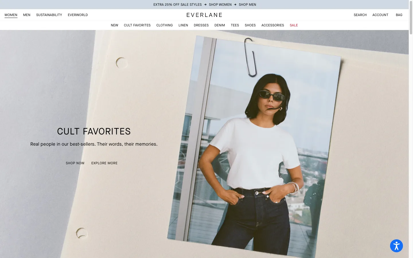 Homepage hero showing a Shop Now button next to a secondary Explore More link