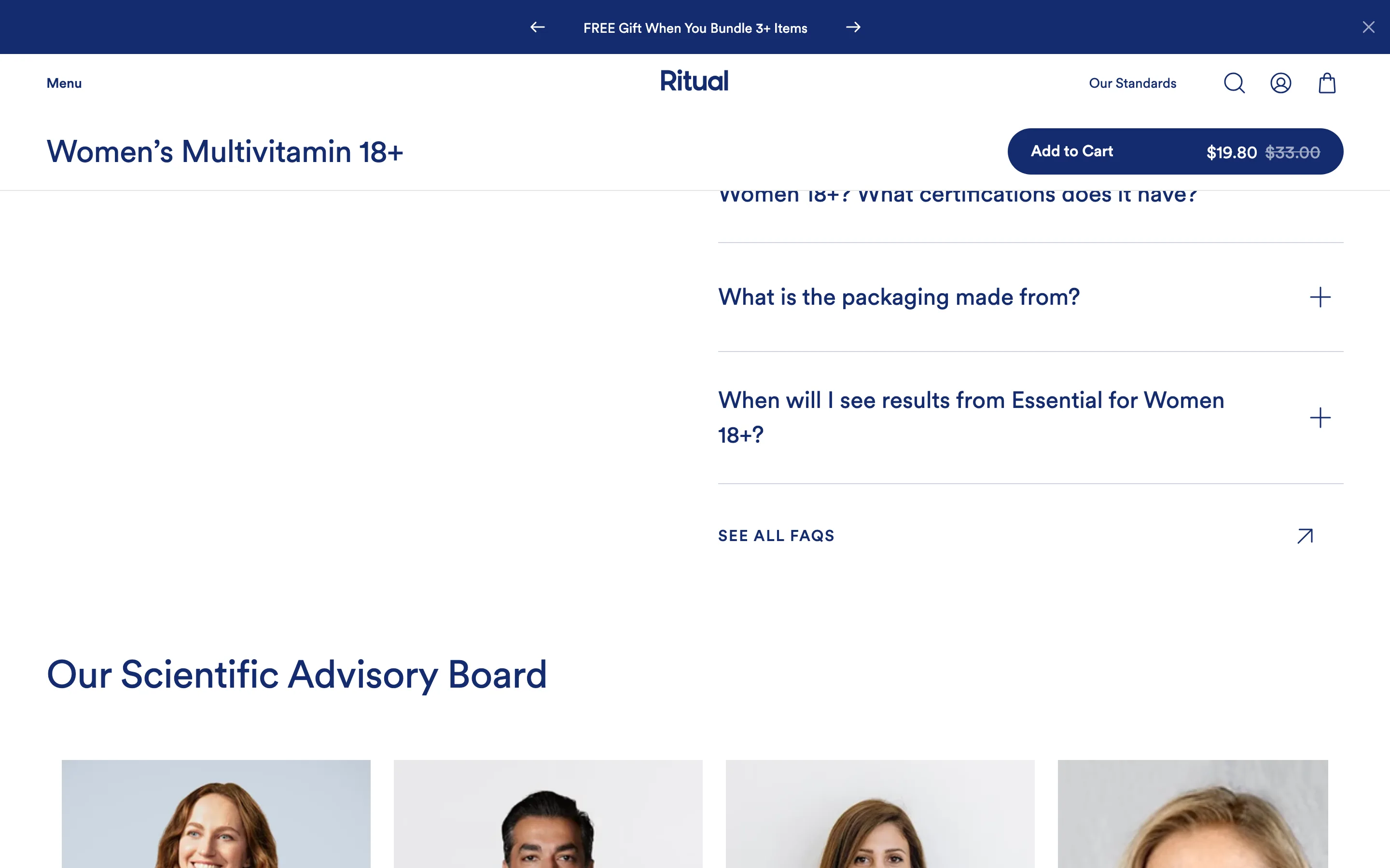 An expandable FAQ accordion on a product page with questions about results, certifications and packaging, and a See all FAQs link