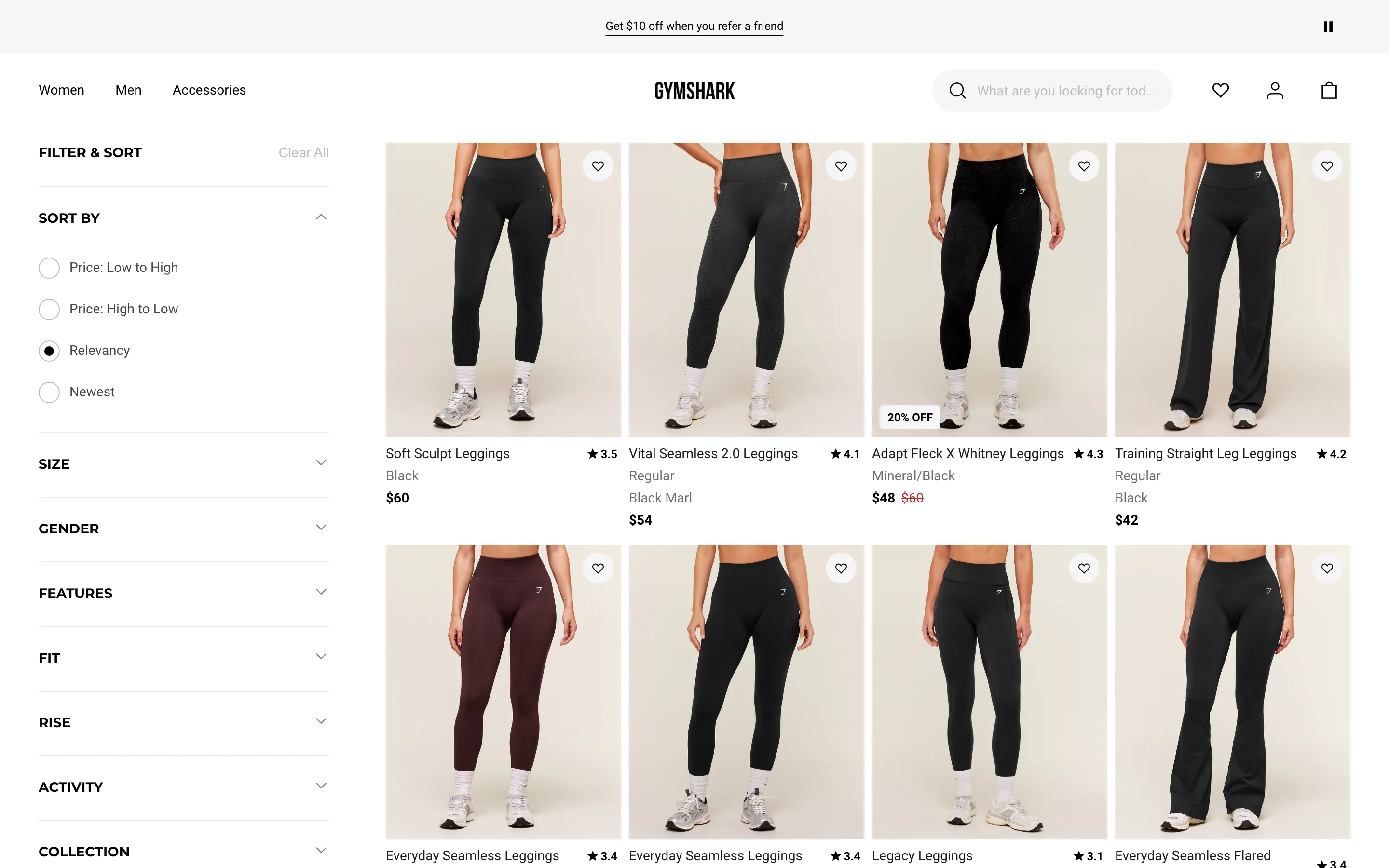 Category page filter sidebar showing use-case filters such as Fit, Rise and Activity alongside Size and Gender
