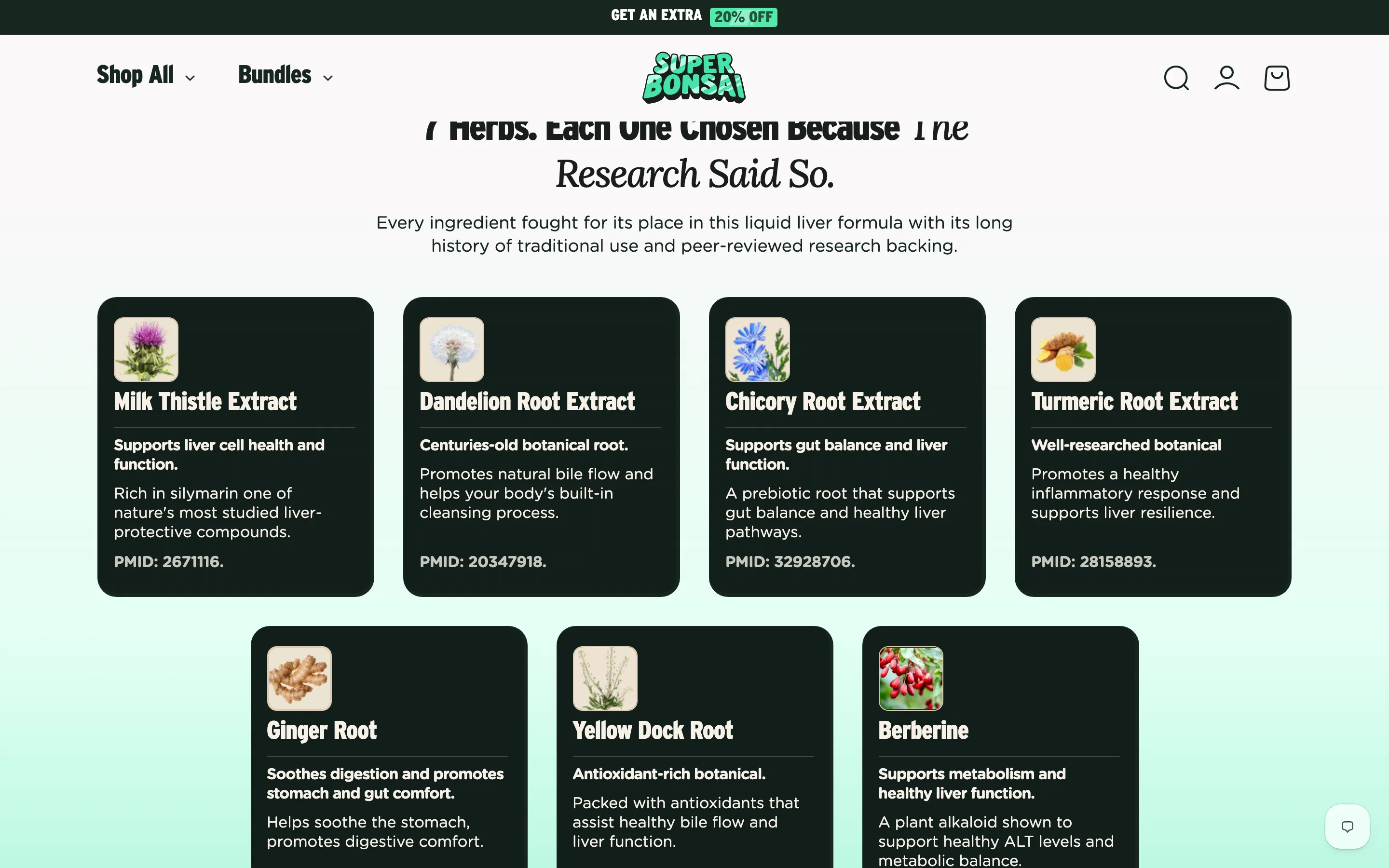 An ingredient breakdown section with a card per ingredient, each stating its role and a citation such as a PMID