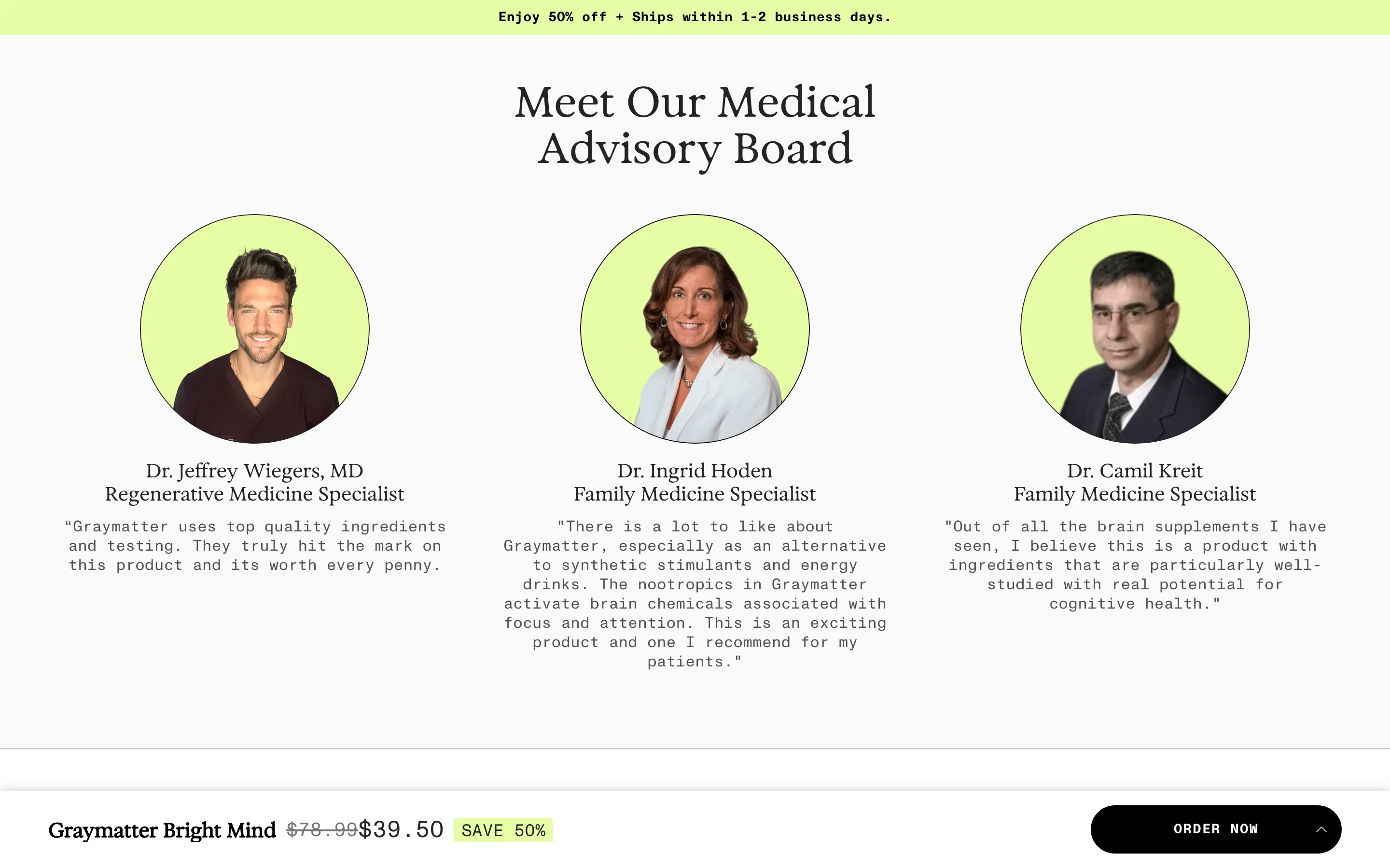 A Meet Our Medical Advisory Board section with three named doctors, their photos, specialties and quotes