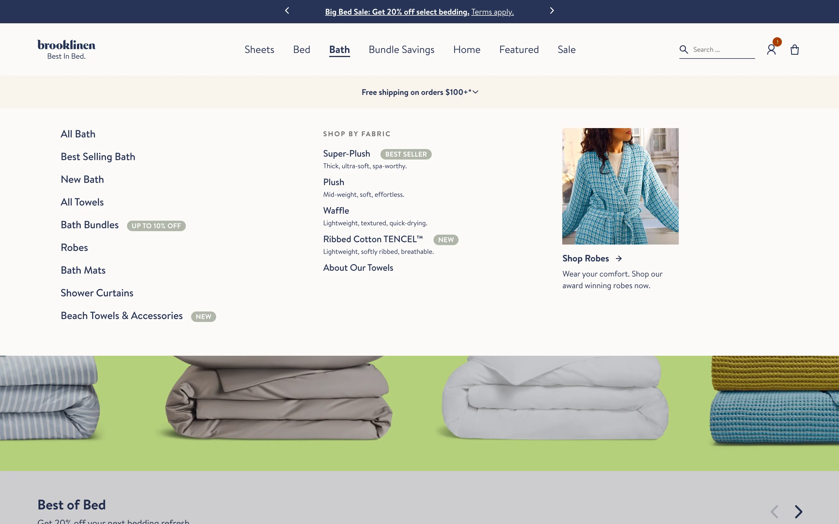 A full-width mega menu with a column of subcategory links, a shop-by-fabric list, and a featured image panel