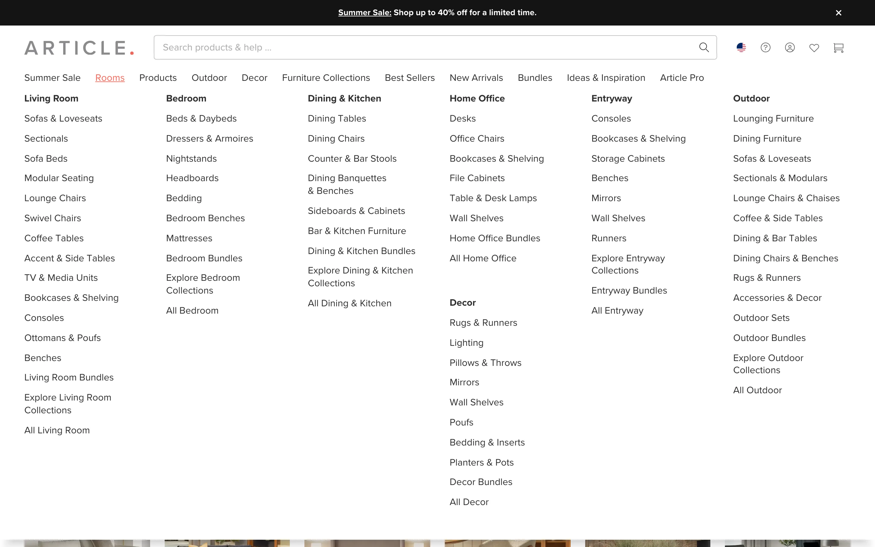 Mega menu open showing furniture links organized into columns by room such as Living Room, Bedroom and Home Office