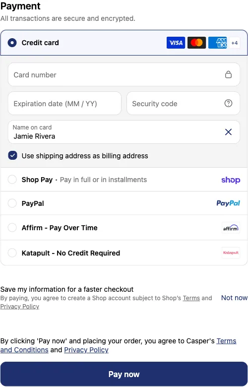 Checkout payment section listing credit card, Shop Pay, PayPal, and two buy-now-pay-later options, Affirm and Katapult, as stacked radio choices