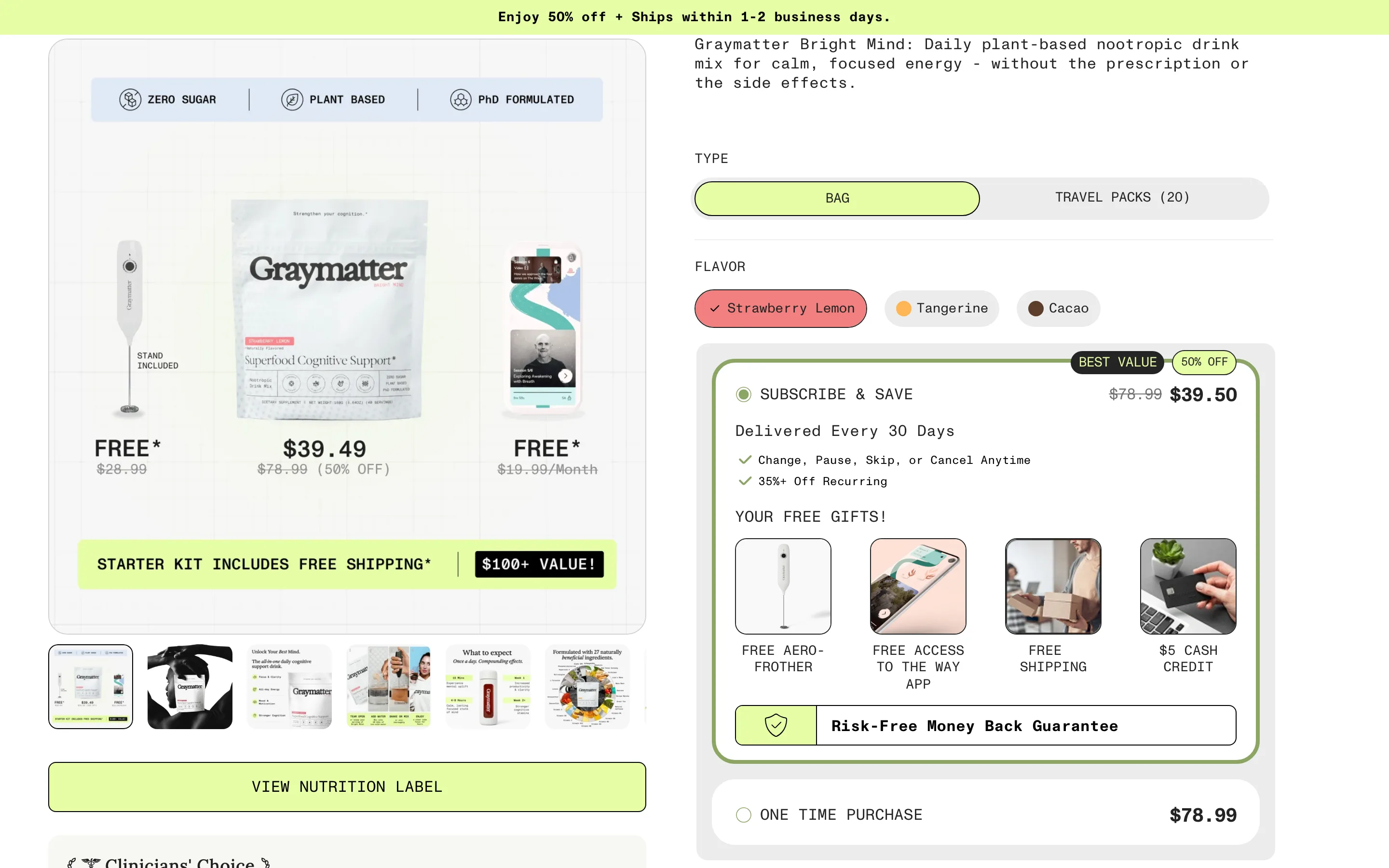 A subscription buy box pairing change/pause/cancel-anytime reassurance with a money-back guarantee band and free gifts