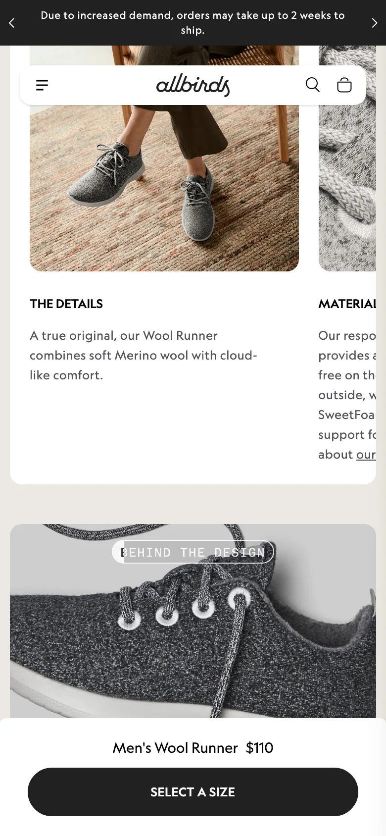 Mobile product page with a persistent add-to-cart bar pinned to the bottom of the viewport